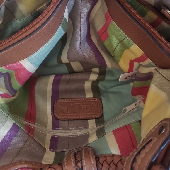 Fossil Womens Satchel Brown Fabric & Leather Braid Handles Key Charm Modern Vtg - Picture 11 of 16